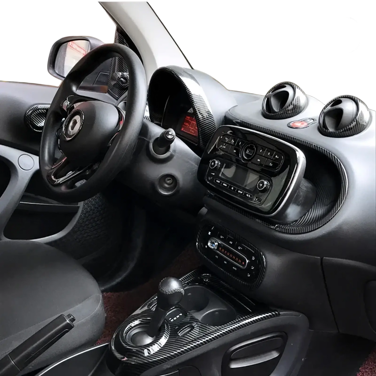 Smart 453 carbon fiber air vent trim kit featuring carbon-fiber styled interior trim for smart car vents