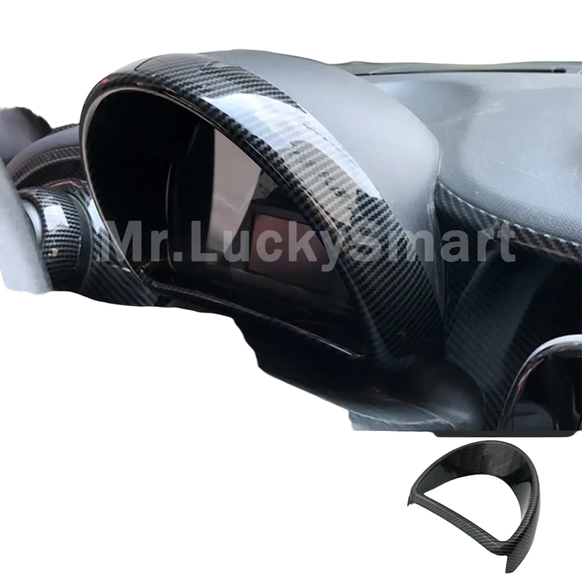 Carbon fiber styled glossy black side mirror cover with textured weave for smart 453 fortwo forfour back side view