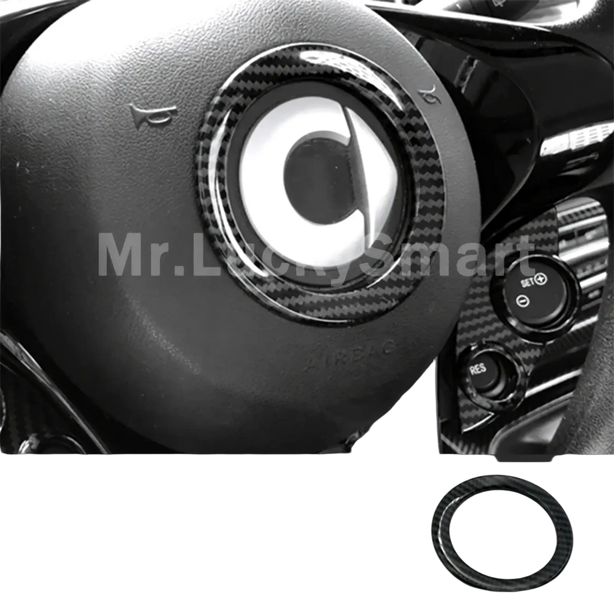 Carbon-fiber styled black steering wheel button cover for smart 453 fortwo forfour in carbon fiber air vent trim kit