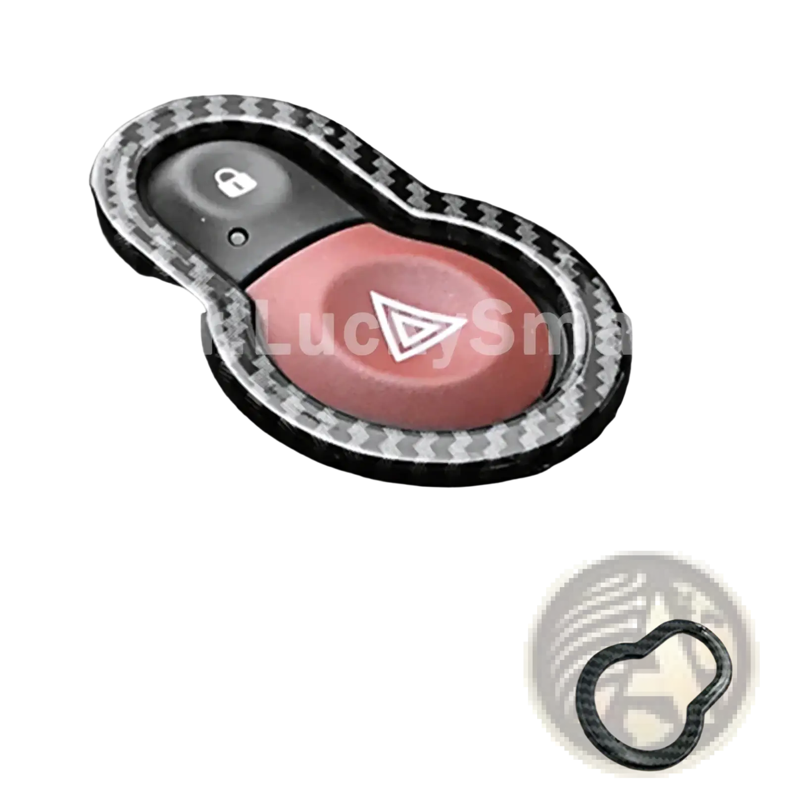 Smart 453 carbon fiber air vent trim kit with sleek black and gray woven pattern framing red hazard button