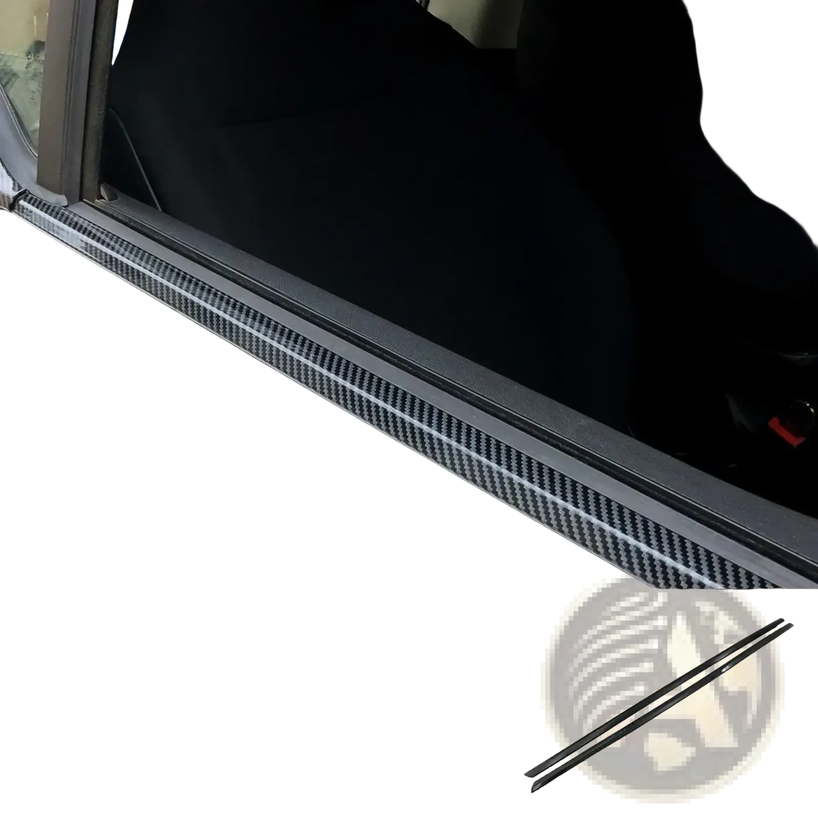 Black carbon-fiber style door sill trim for smart 453 fortwo enhancing interior with durable lightweight material