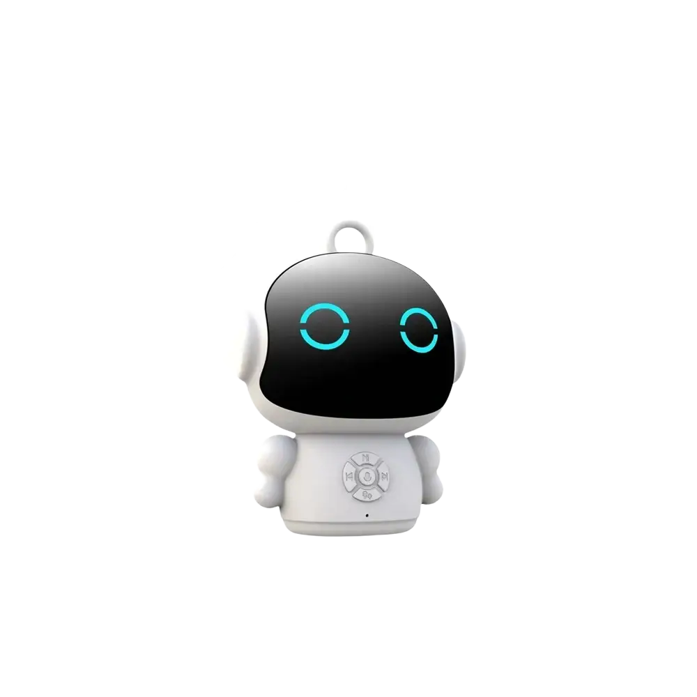 Cute white smart ai learning robot with glowing blue circular eyes and chat mode compatible with smart life app