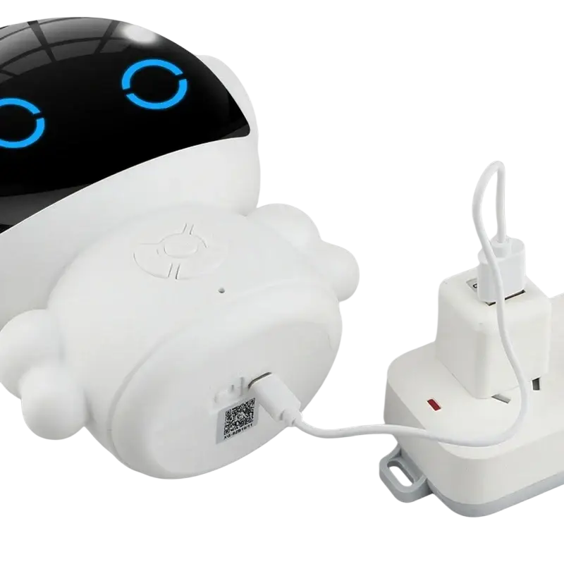 White plush smart ai learning robot charging station with glowing blue eyes and chat mode compatible with smart life app