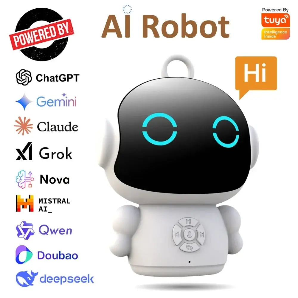 White ai robot toy with black face and glowing cyan eyes featuring chat mode and smart life app control buttons on chest