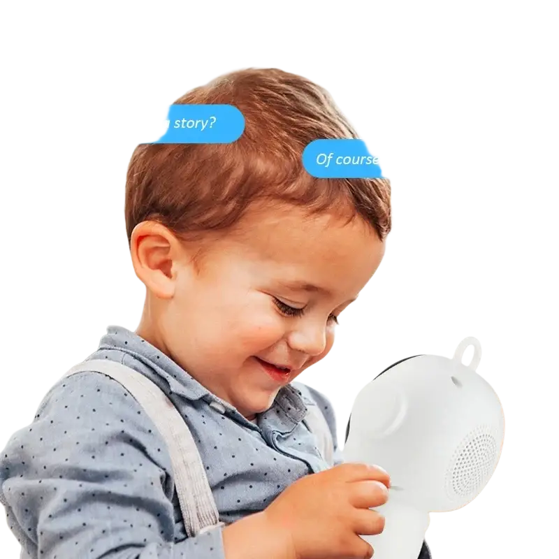 White plush toy robot with rounded ears and speaker grille for kids featuring chat mode and smart life app integration