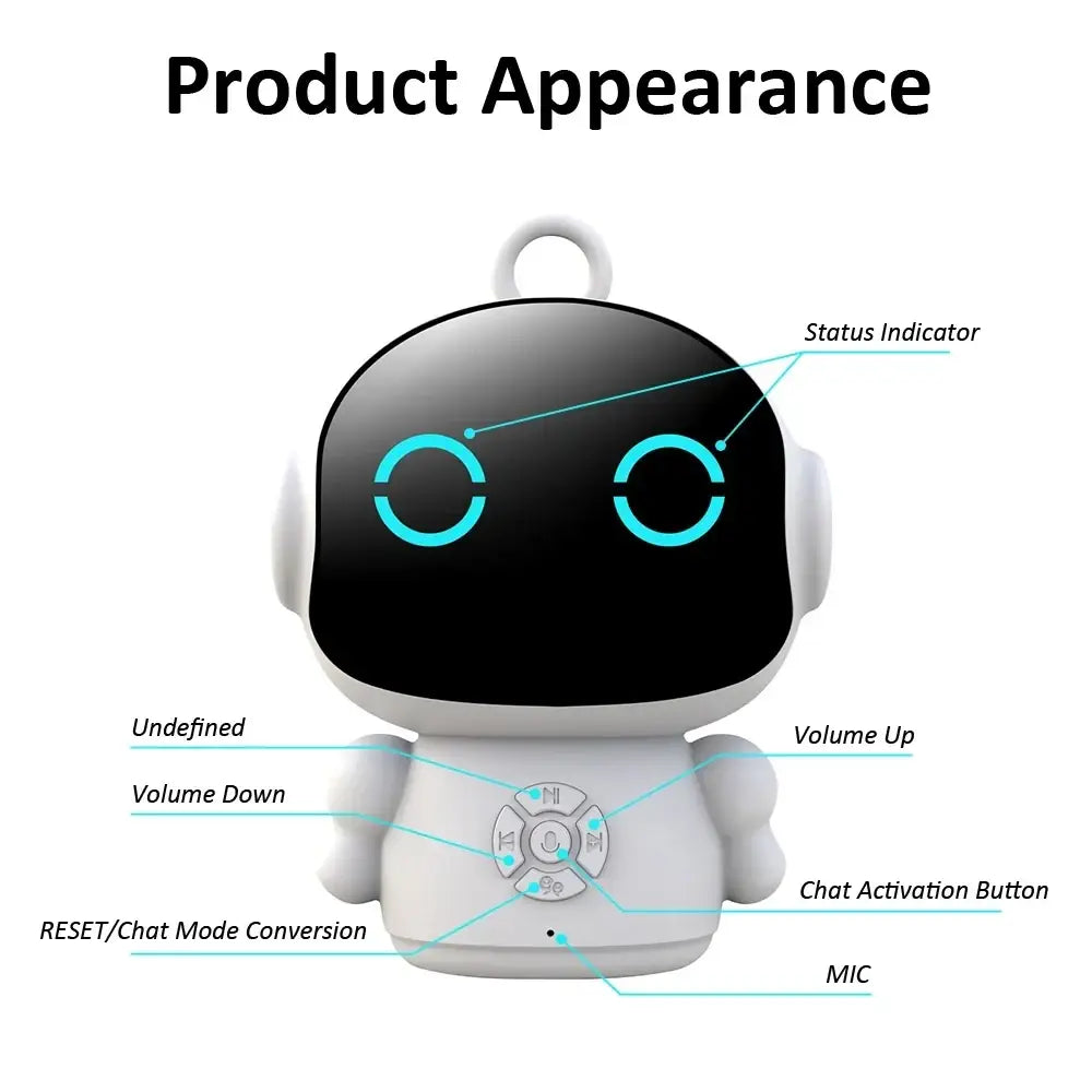 White robot-shaped smart speaker with black face and blue eyes featuring chat mode for kids using smart life app
