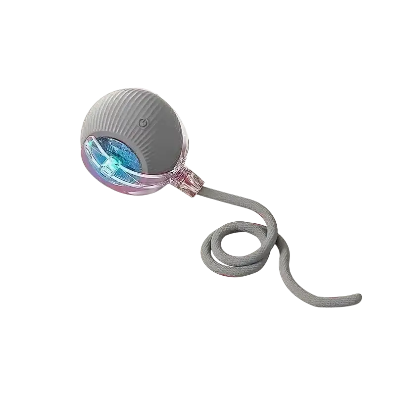 Gray smart ball interactive automatic rolling pet toy with translucent blue interior and indicator light stays connected by gray braided cord