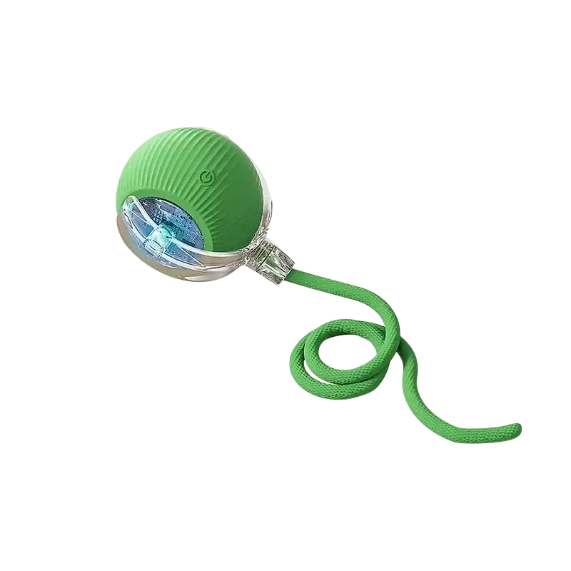 Green smart ball interactive automatic rolling pet toy with ribbed silicone exterior and light stays indicator light stays