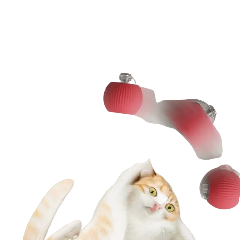 Red ribbed spherical smart ball pet toy with clear plastic base and metallic accents featuring indicator light stays