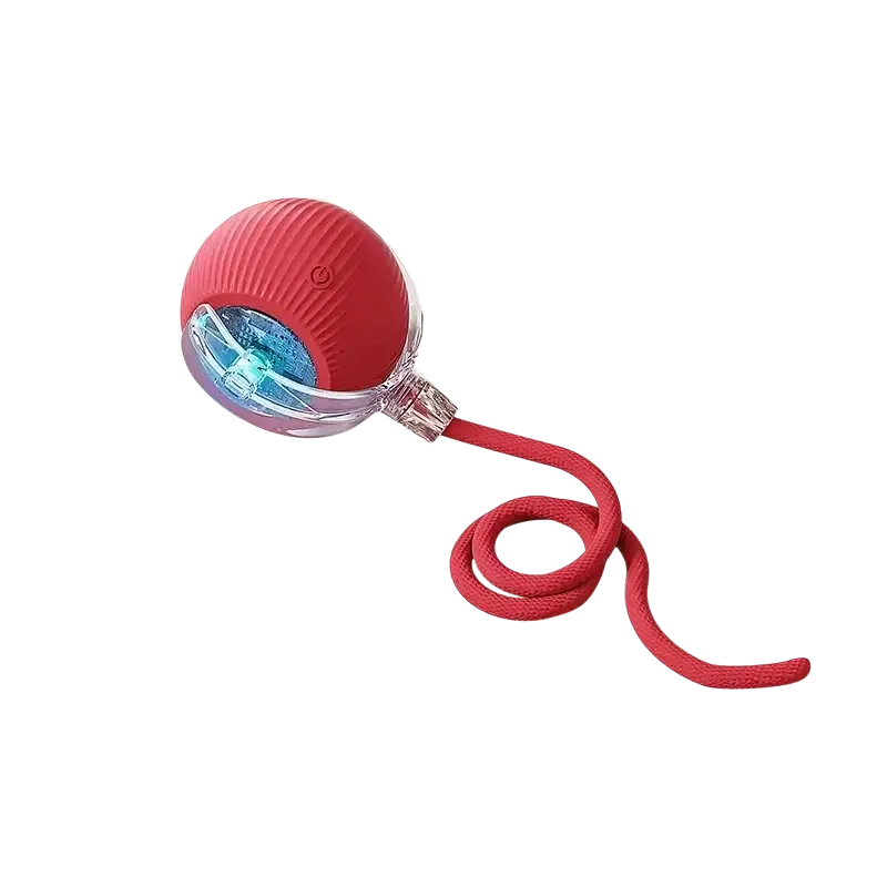 Red silicone smart ball interactive automatic rolling pet toy with transparent blue component and indicator light stays