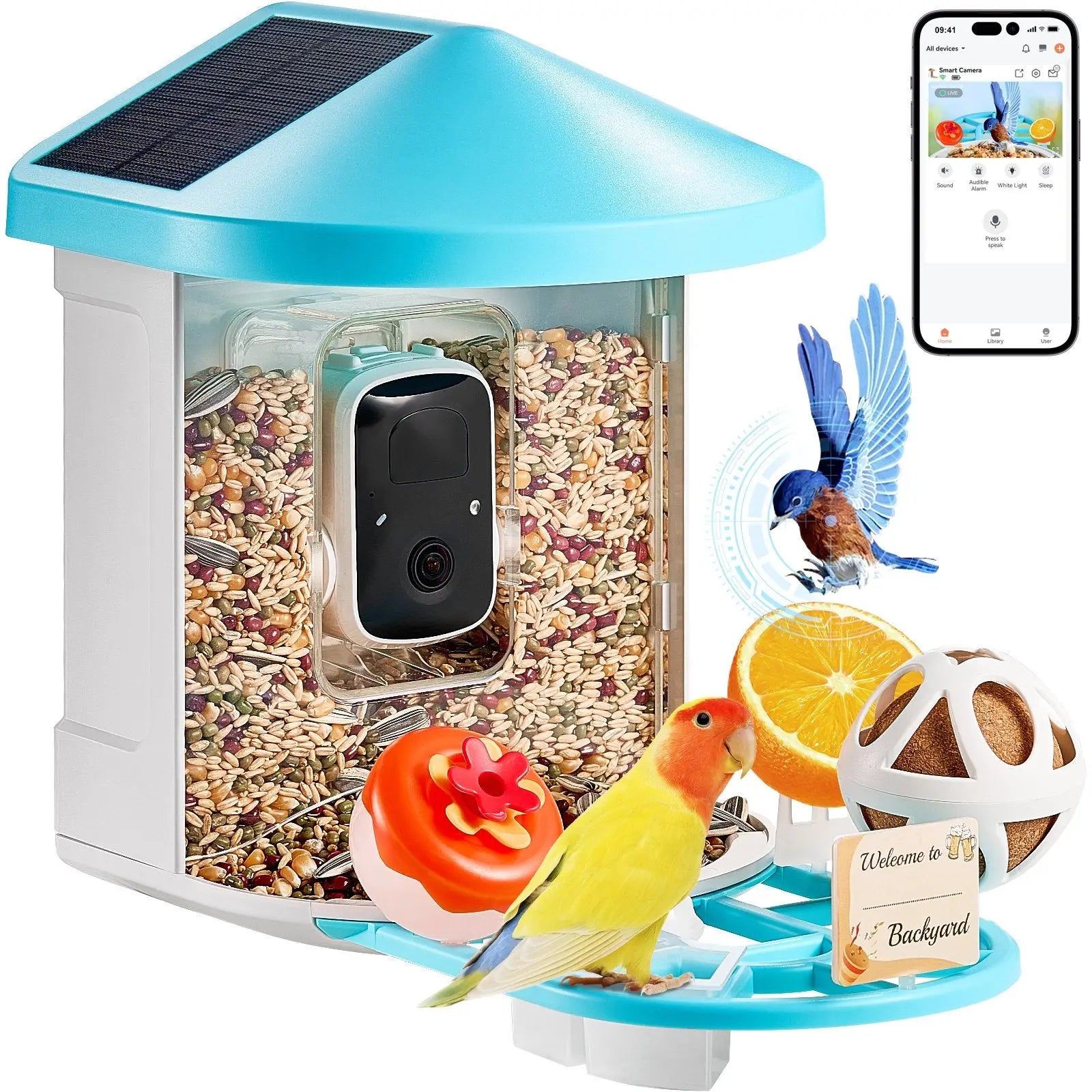 Comedero inteligente para aves con cámara de IA de 2k y alimentación solar