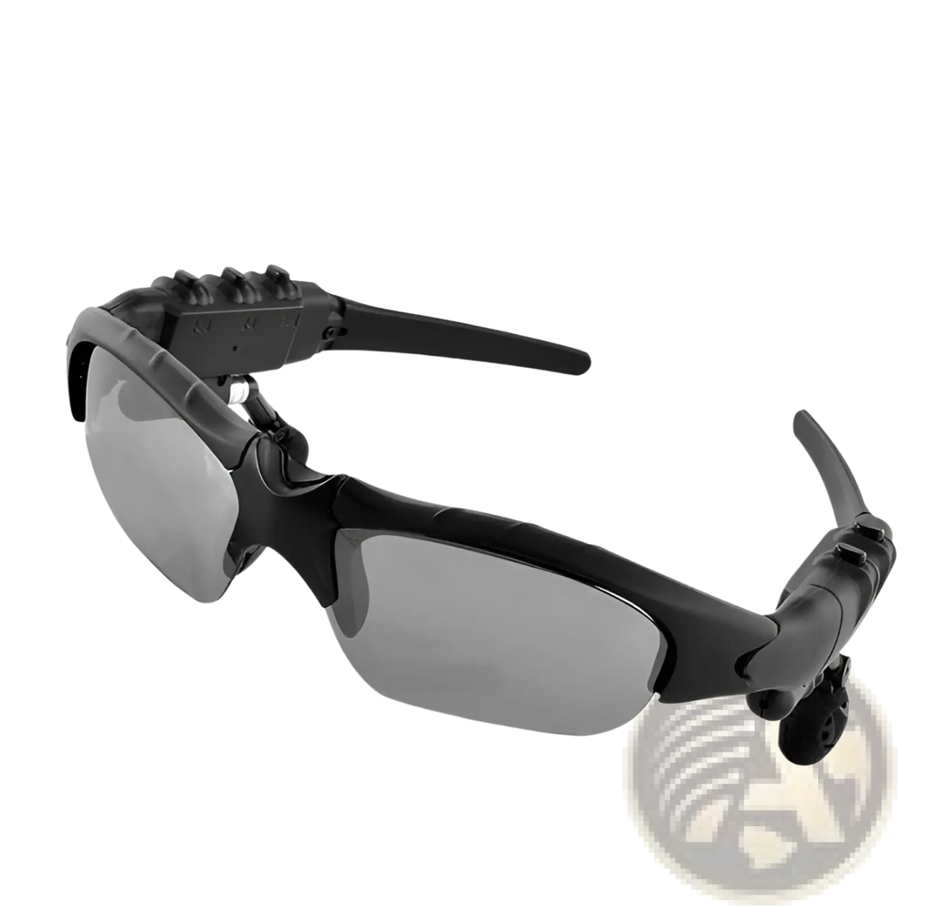 Black sport smart bluetooth audio sunglasses with gray tinted lenses and integrated wireless earpiece technology