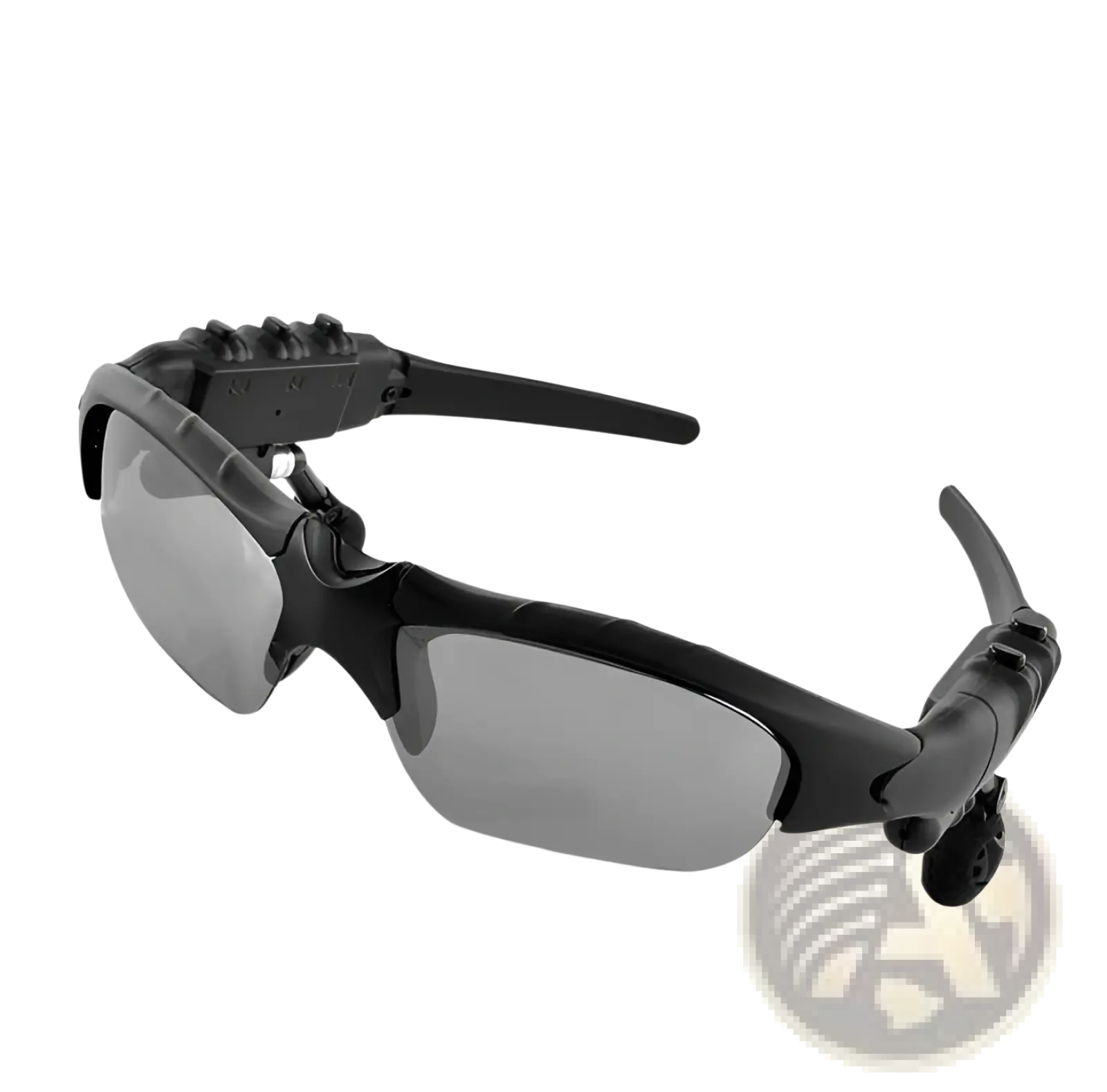 Black sport smart bluetooth audio sunglasses with gray tinted lenses and integrated wireless earpiece technology