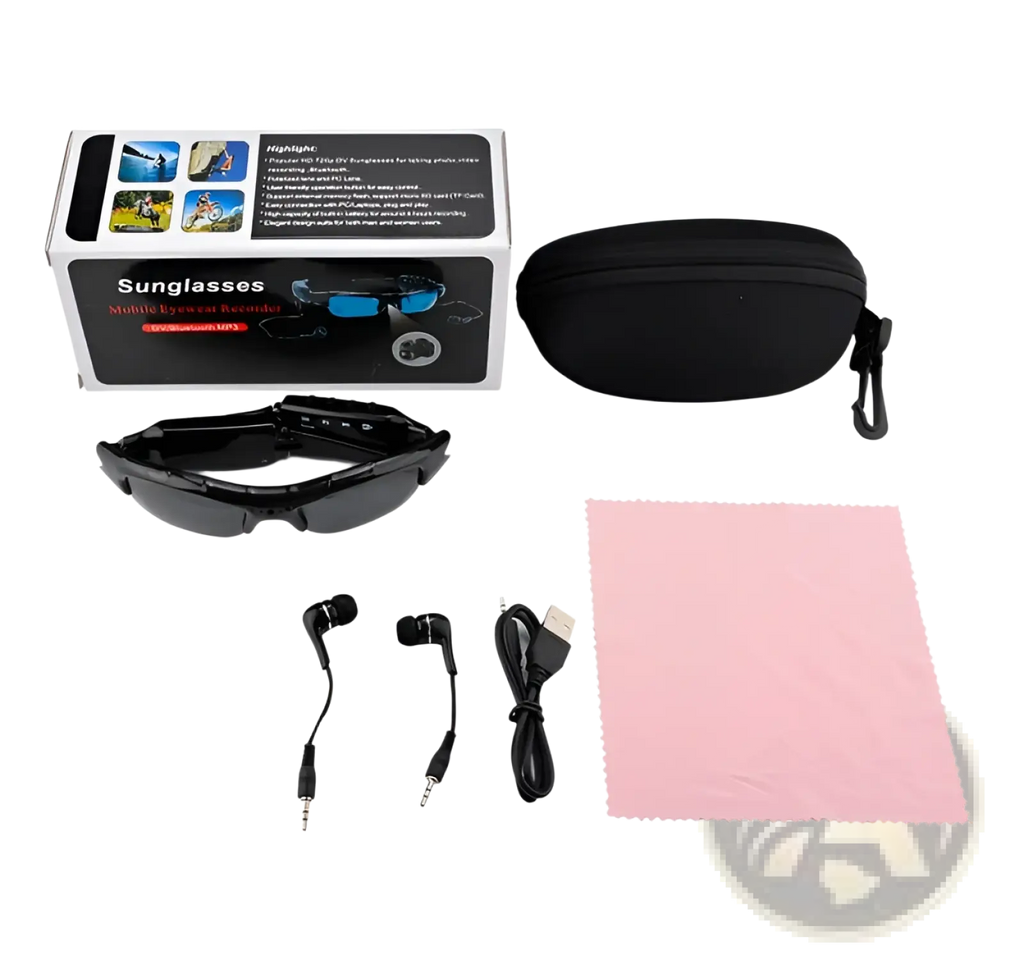 Black-framed smart bluetooth audio sunglasses with blue-tinted lenses built-in hd camera and mic for outdoor activities