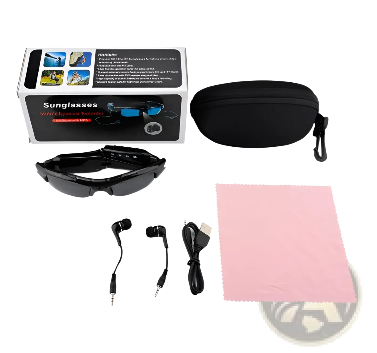 Black-framed smart bluetooth audio sunglasses with blue-tinted lenses built-in hd camera and mic for outdoor activities