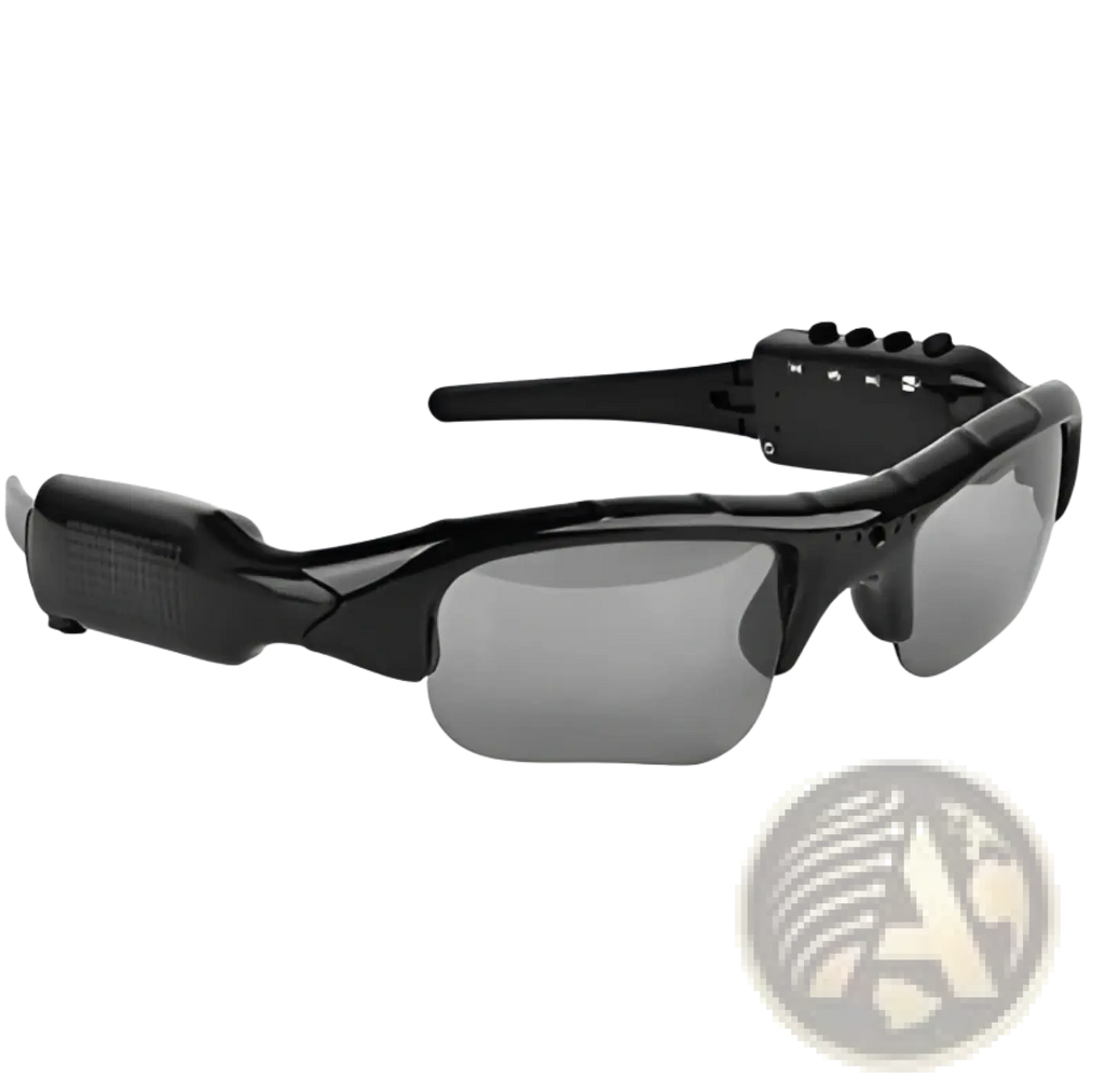 Black sport-style smart bluetooth audio sunglasses with hd camera, mic, dark gray lenses, and ergonomic frame