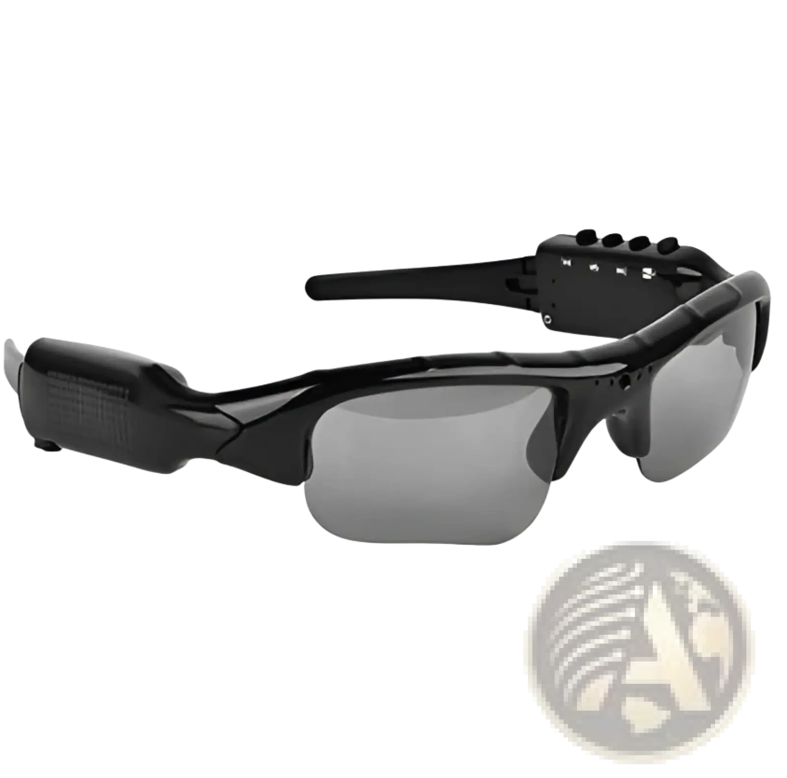 Black sport-style smart bluetooth audio sunglasses with hd camera, mic, dark gray lenses, and ergonomic frame