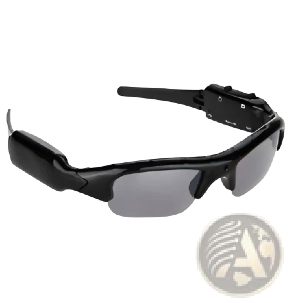Black sport-style smart bluetooth audio sunglasses with dark gray lenses integrated earpiece hd camera and mic