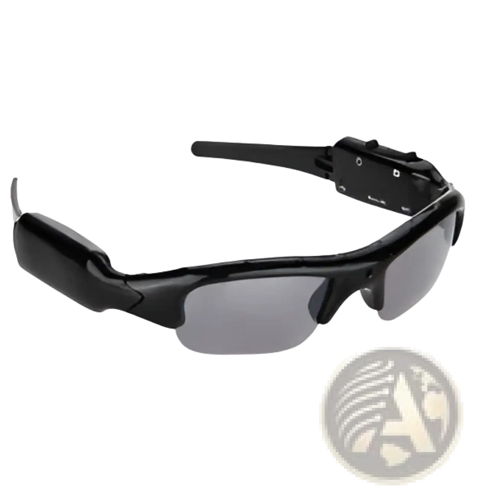 Black sport-style smart bluetooth audio sunglasses with dark gray lenses integrated earpiece hd camera and mic