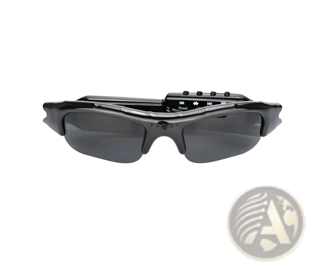 Black sport-style smart bluetooth audio sunglasses with hd camera mic and control buttons on top frame