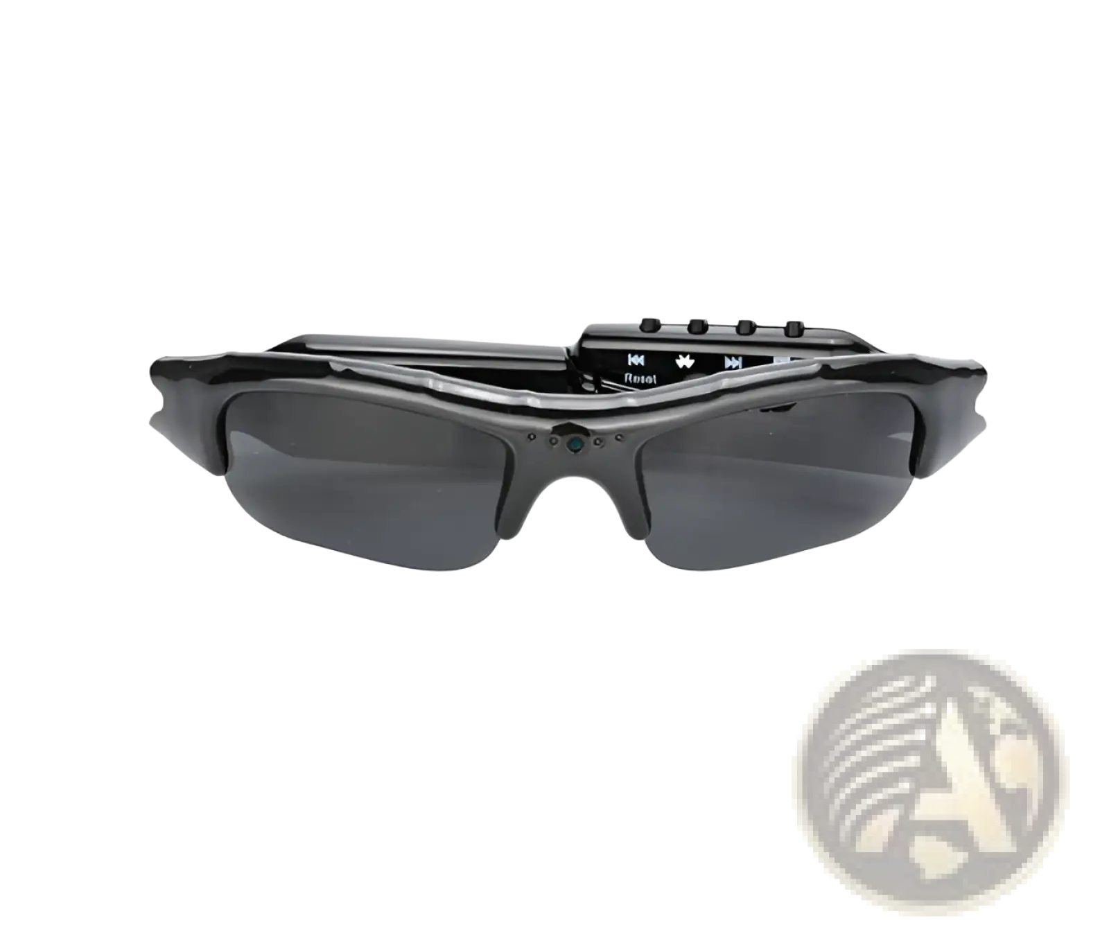 Black sport-style smart bluetooth audio sunglasses with hd camera mic and control buttons on top frame