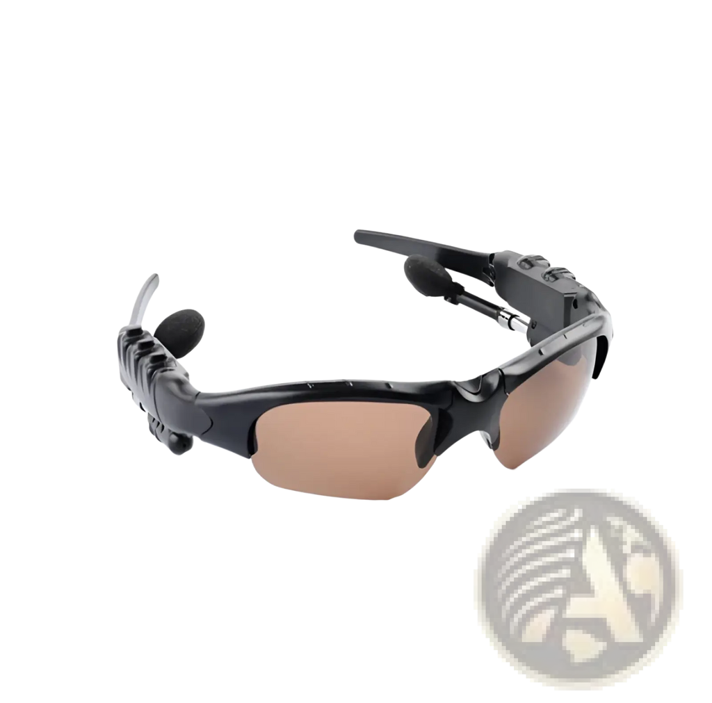 Black wireless bluetooth sports sunglasses with brown gradient lenses and integrated earpiece speakers for audio use