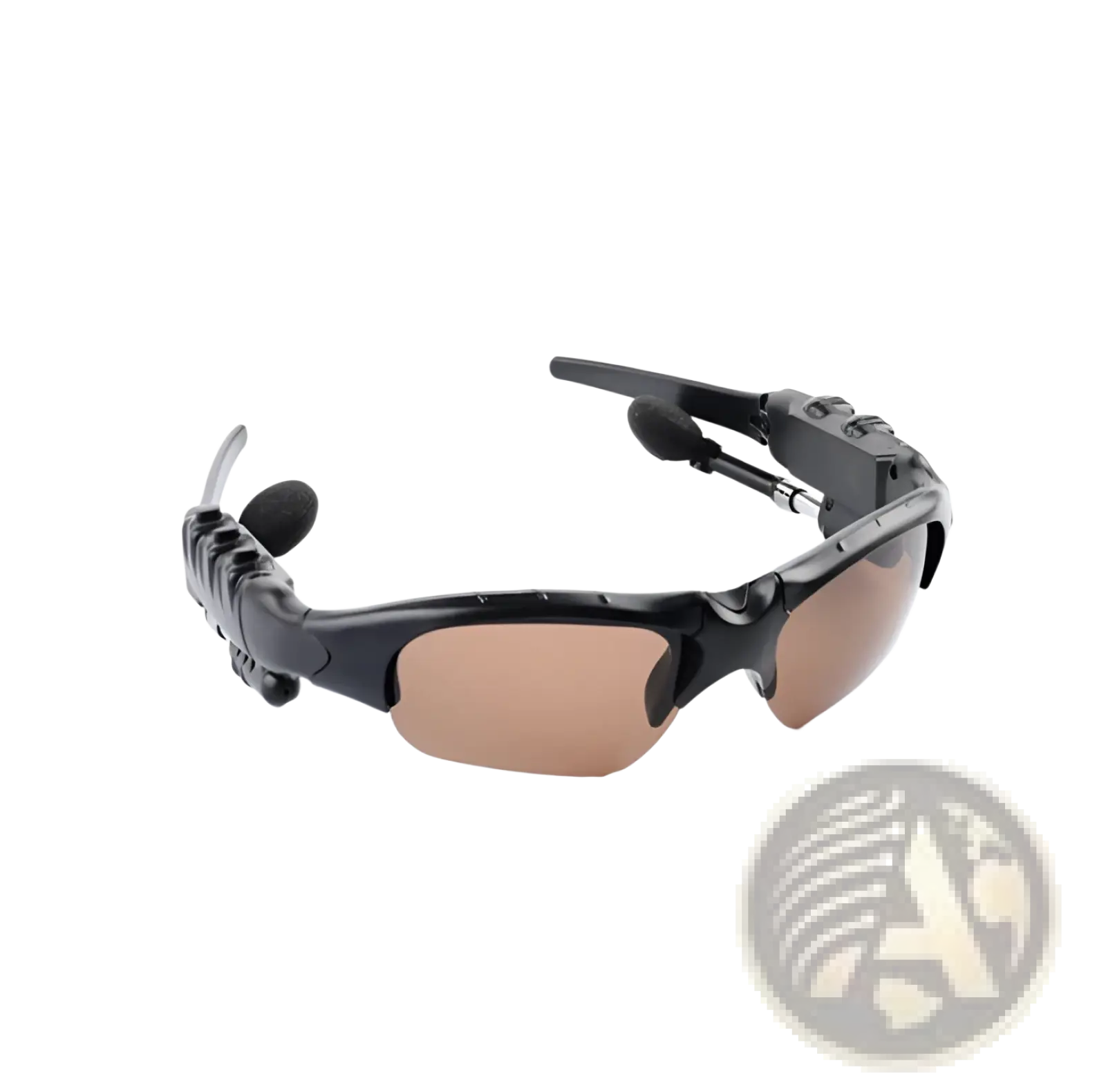 Black wireless bluetooth sports sunglasses with brown gradient lenses and integrated earpiece speakers for audio use