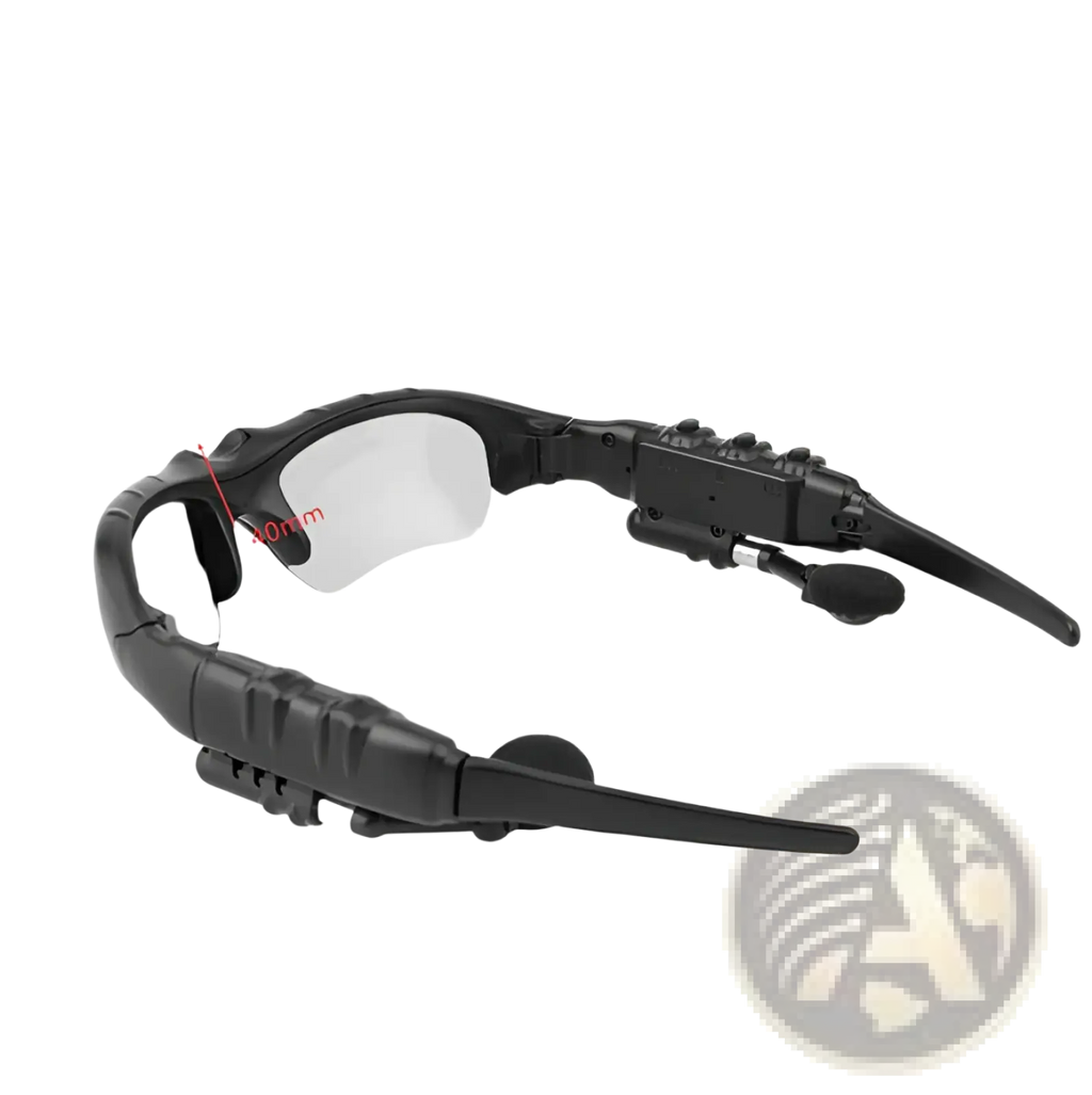 Black plastic-framed smart bluetooth audio sunglasses with transparent lenses integrated bluetooth earpiece hd camera and mic