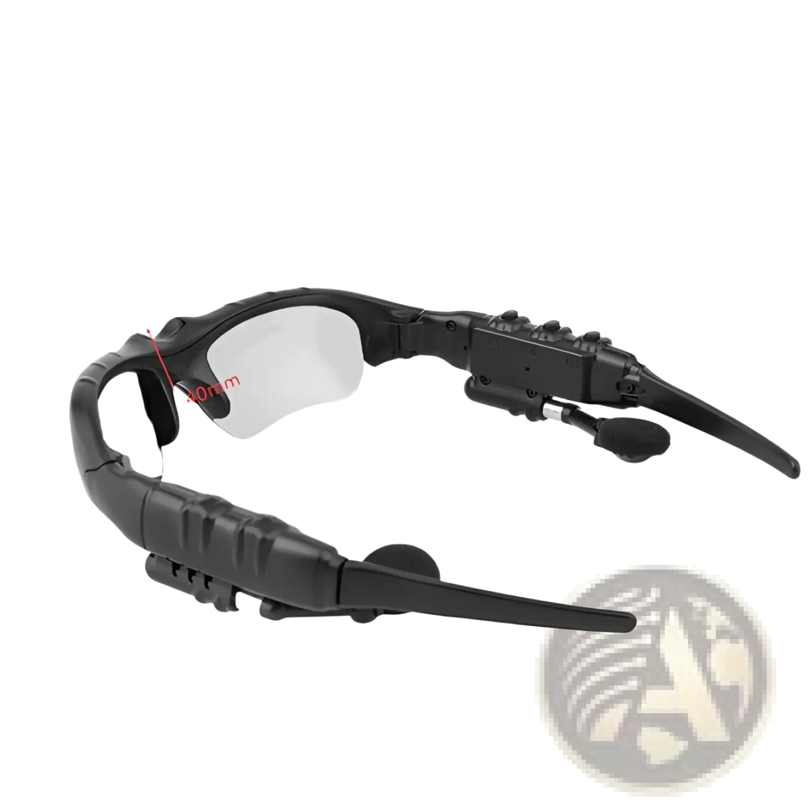 Black plastic-framed smart bluetooth audio sunglasses with transparent lenses integrated bluetooth earpiece hd camera and mic