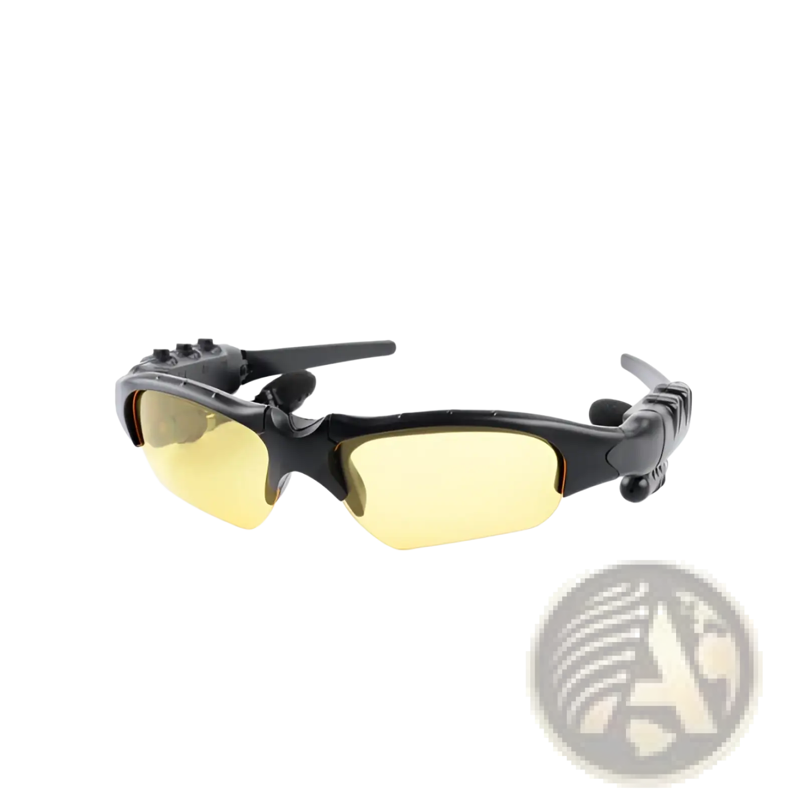 Black sport-style smart bluetooth audio sunglasses with yellow lenses integrated hd camera and microphone components