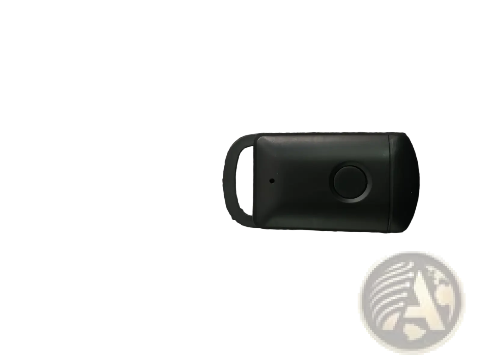 Black plastic smart bluetooth tracker tag remote control with circular button and keyring loop for keys pets and kids