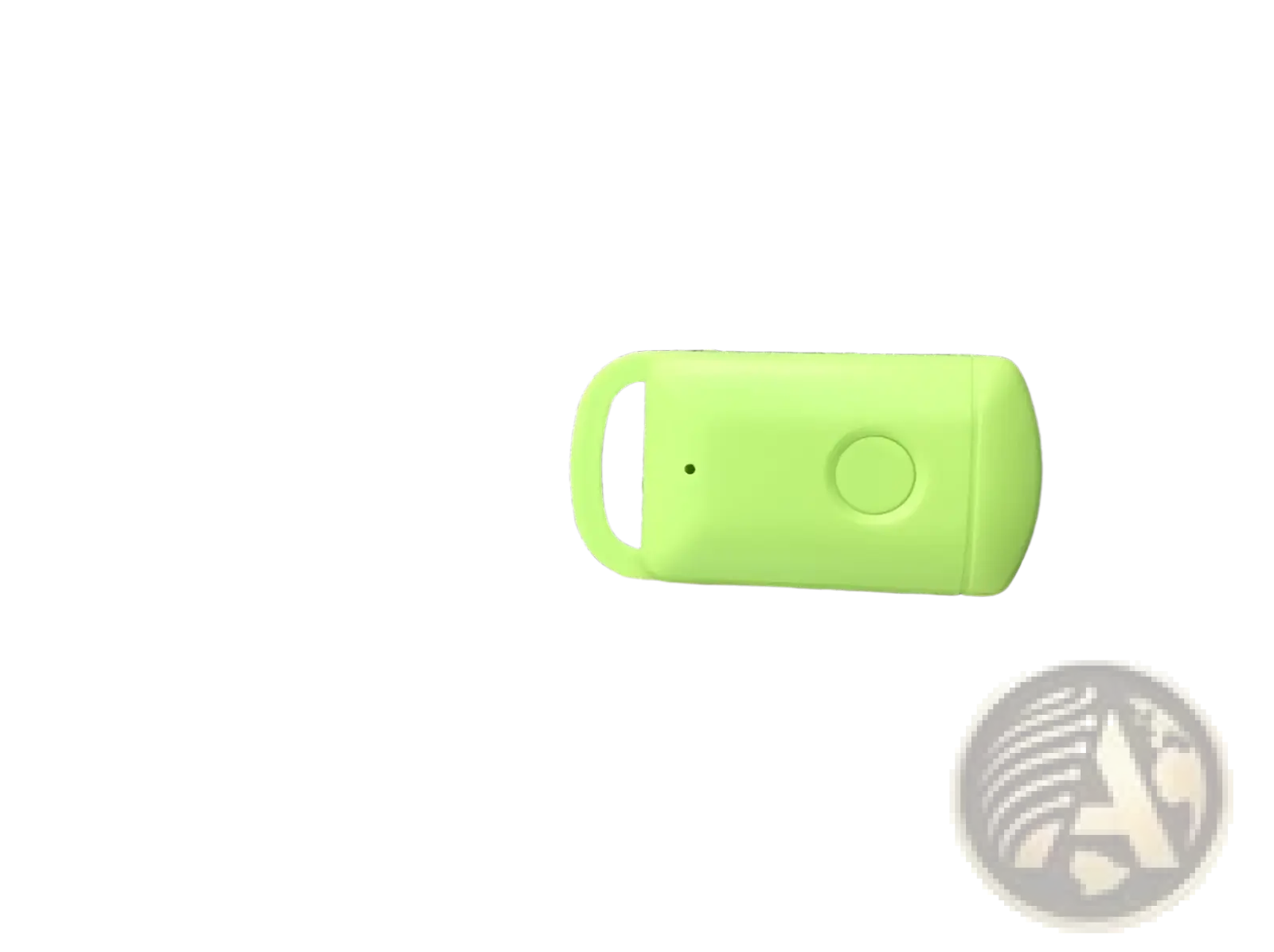 Lime green silicone smart bluetooth tracker tag with circular button and integrated loop for keys pets and kids