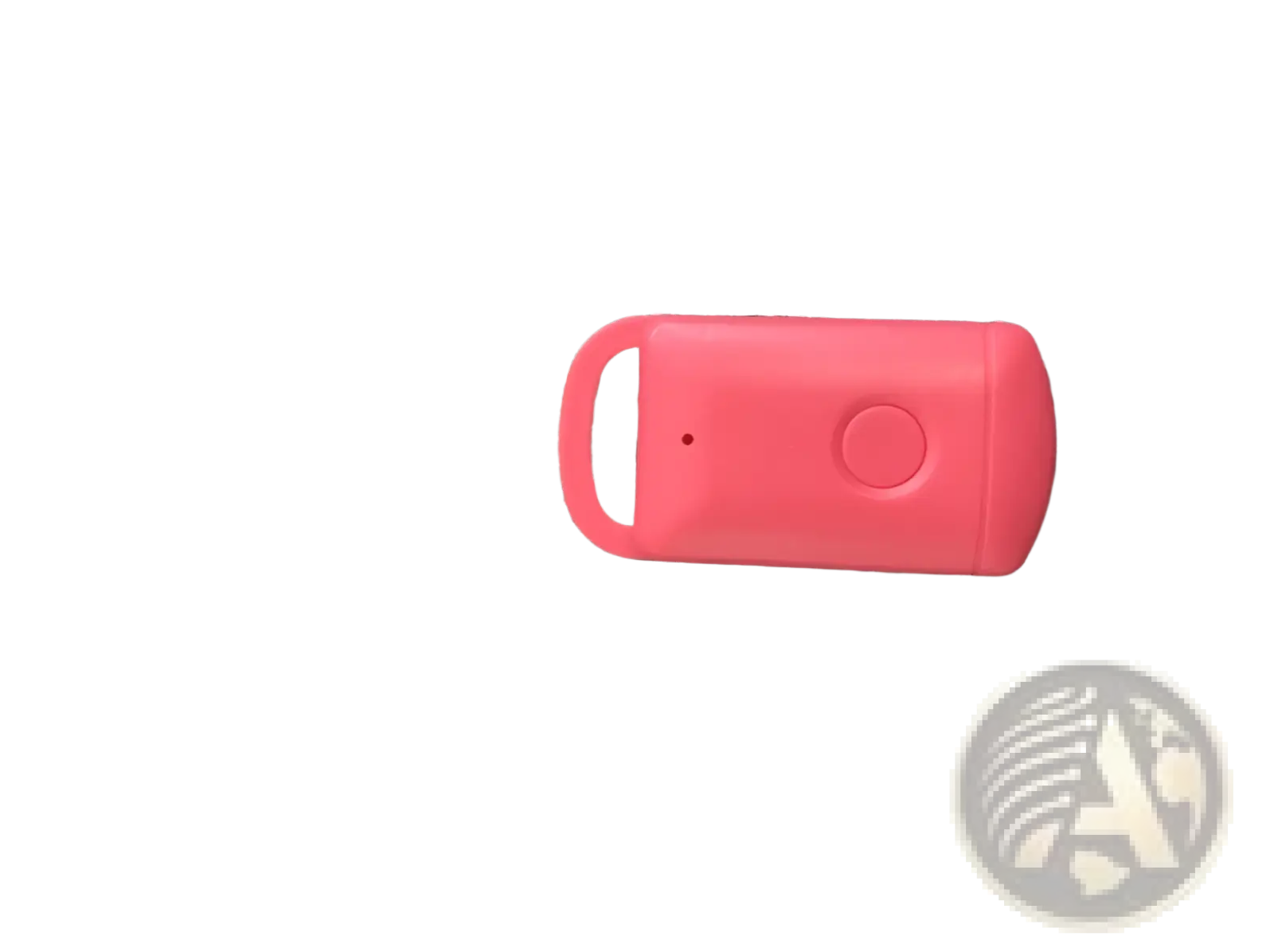 A bright pink plastic smart Bluetooth tracker tag with a circular button and looped handle for keys pets and kids