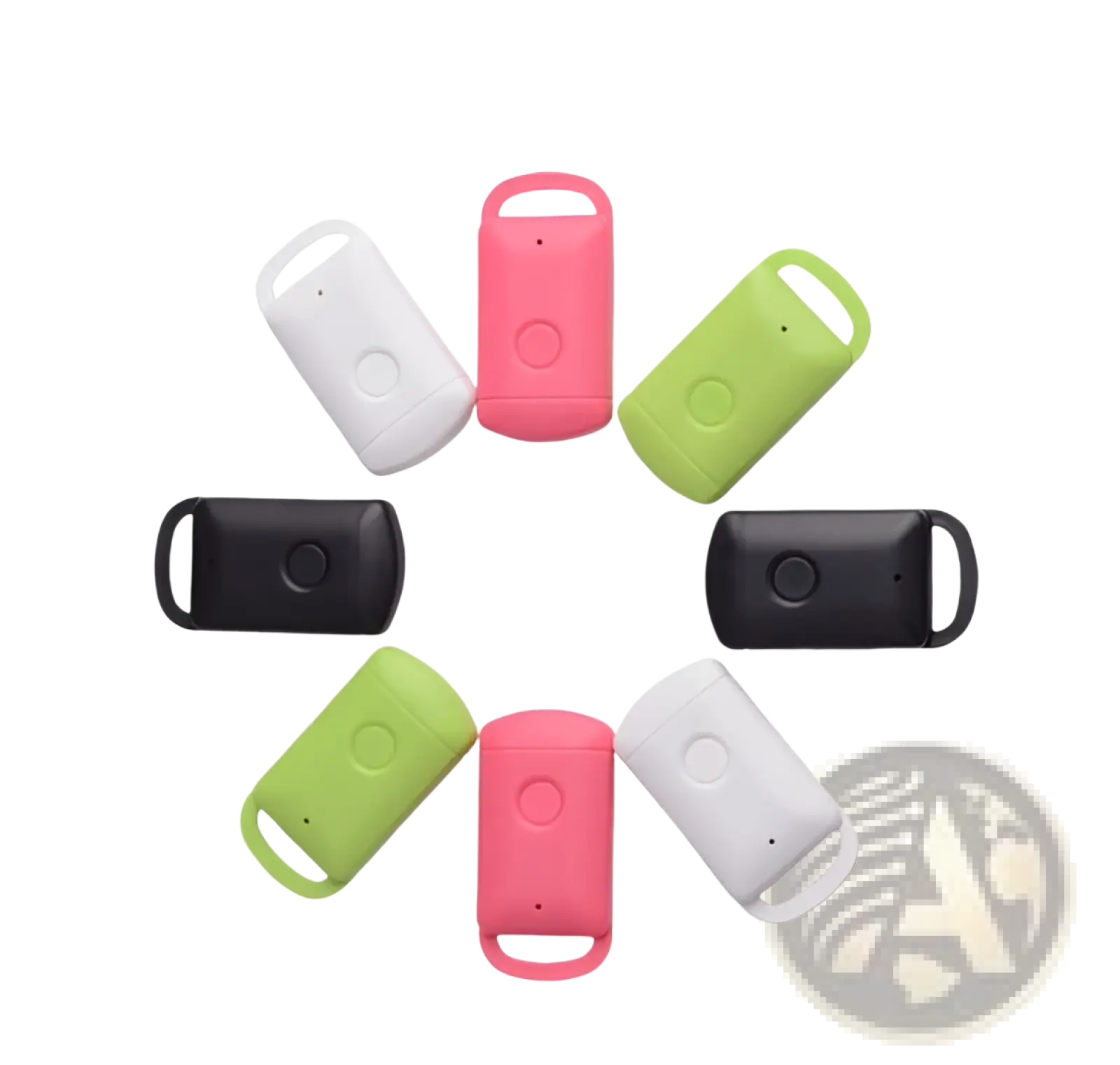 Smart bluetooth tracker tag keychains made of colorful silicone in white pink and green with circular button design