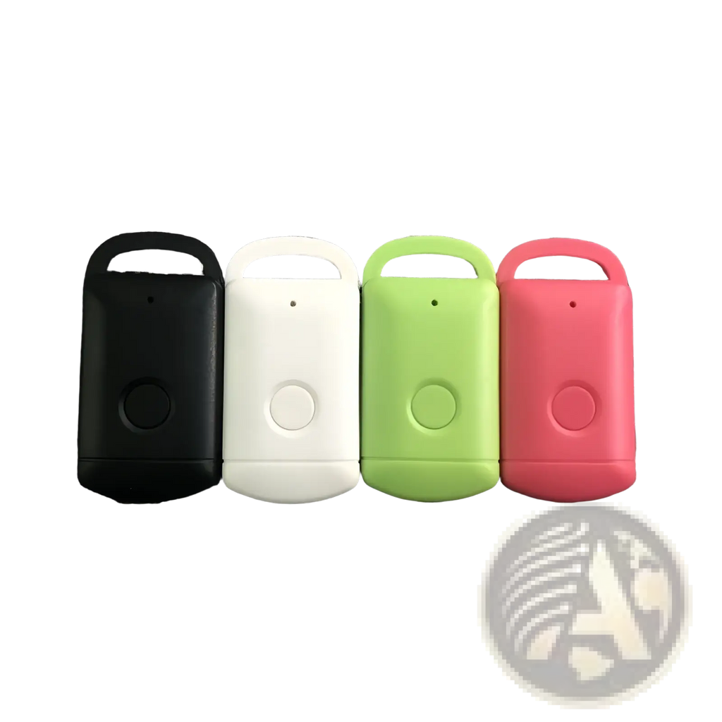 Four colorful silicone smart bluetooth tracker tags in black white lime green and pink for keys pets and kids