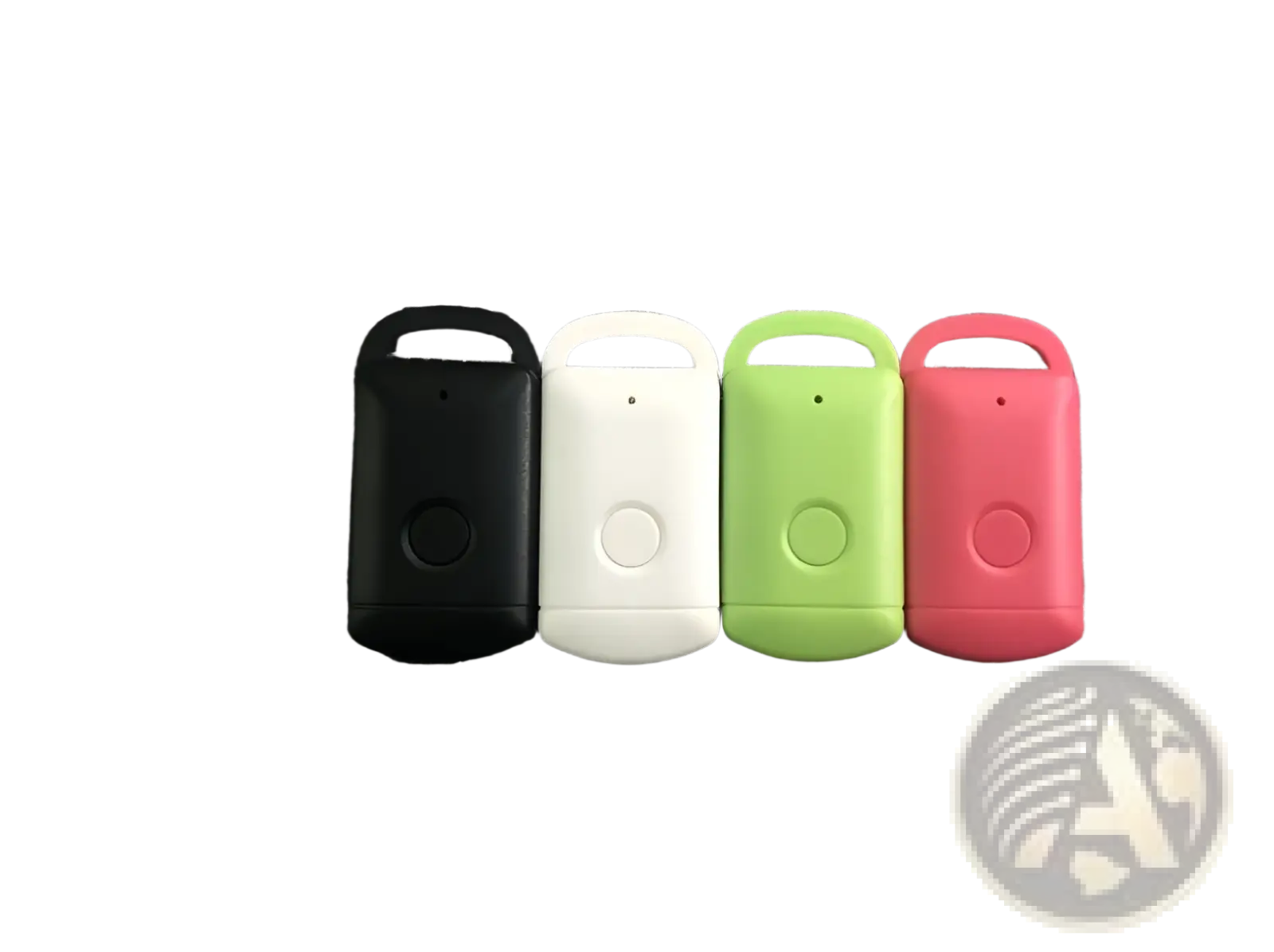 Smart bluetooth tracker tags for keys pets and kids in black white lime green and pink with rounded top handles and buttons