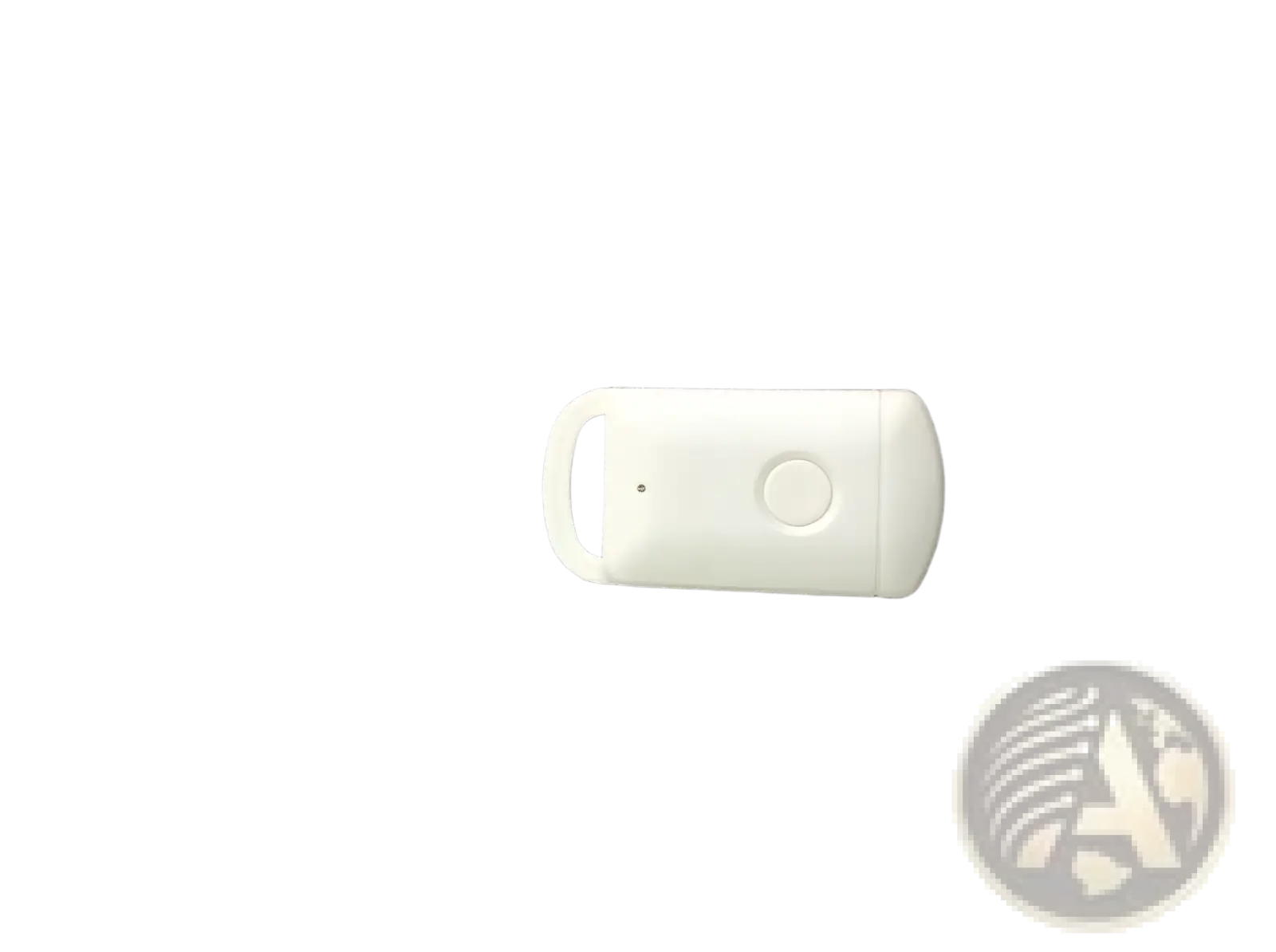 White plastic smart bluetooth tracker tag with circular button and looped handle for keys pets and kids
