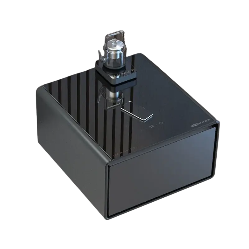 Black glass top smart coffee refrigerator side table with sleek modern design and integrated drawer width 750px height