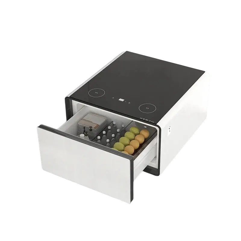 Smart coffee refrigerator side table in white and black with induction cooktop and pull-out drawer width 750px height