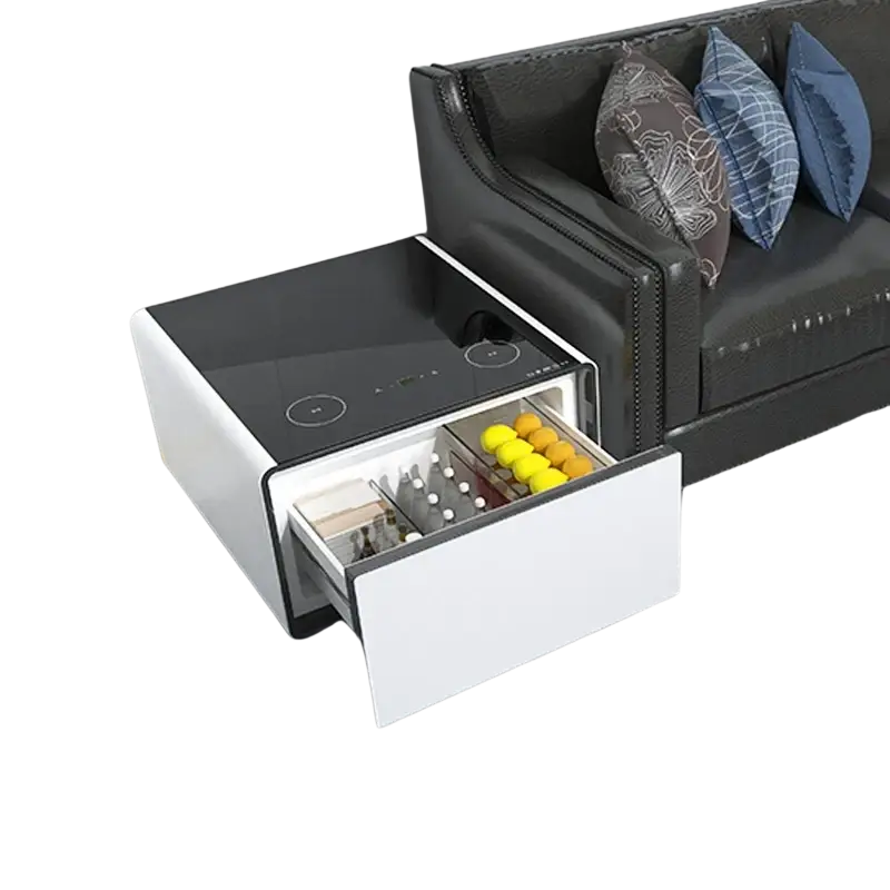 Smart coffee refrigerator side table with white and black finish, induction cooktop, and organized drawer for drinks and lemons width 750px height