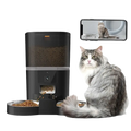 Black automatic cat feeder with transparent food compartment and dual bowls for meal video and app control product description