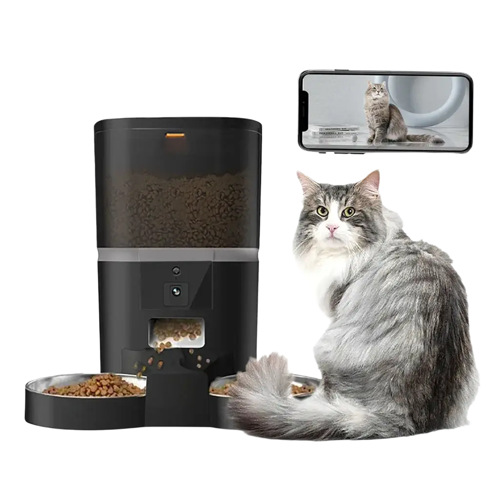 Black automatic cat feeder with transparent food compartment and dual bowls for meal video and app control product description