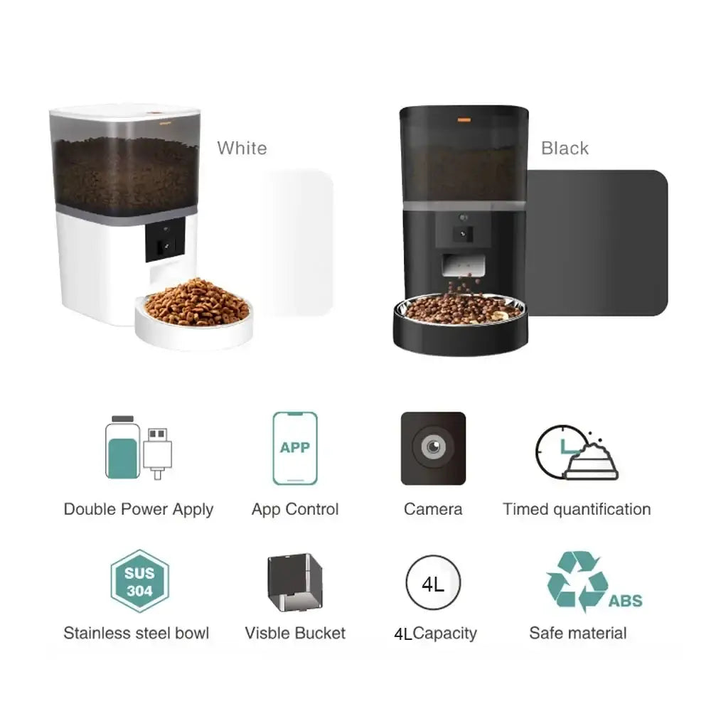 Smart dual pet feeder with hd camera and app control white and black abs plastic with 4l bowls for meal video