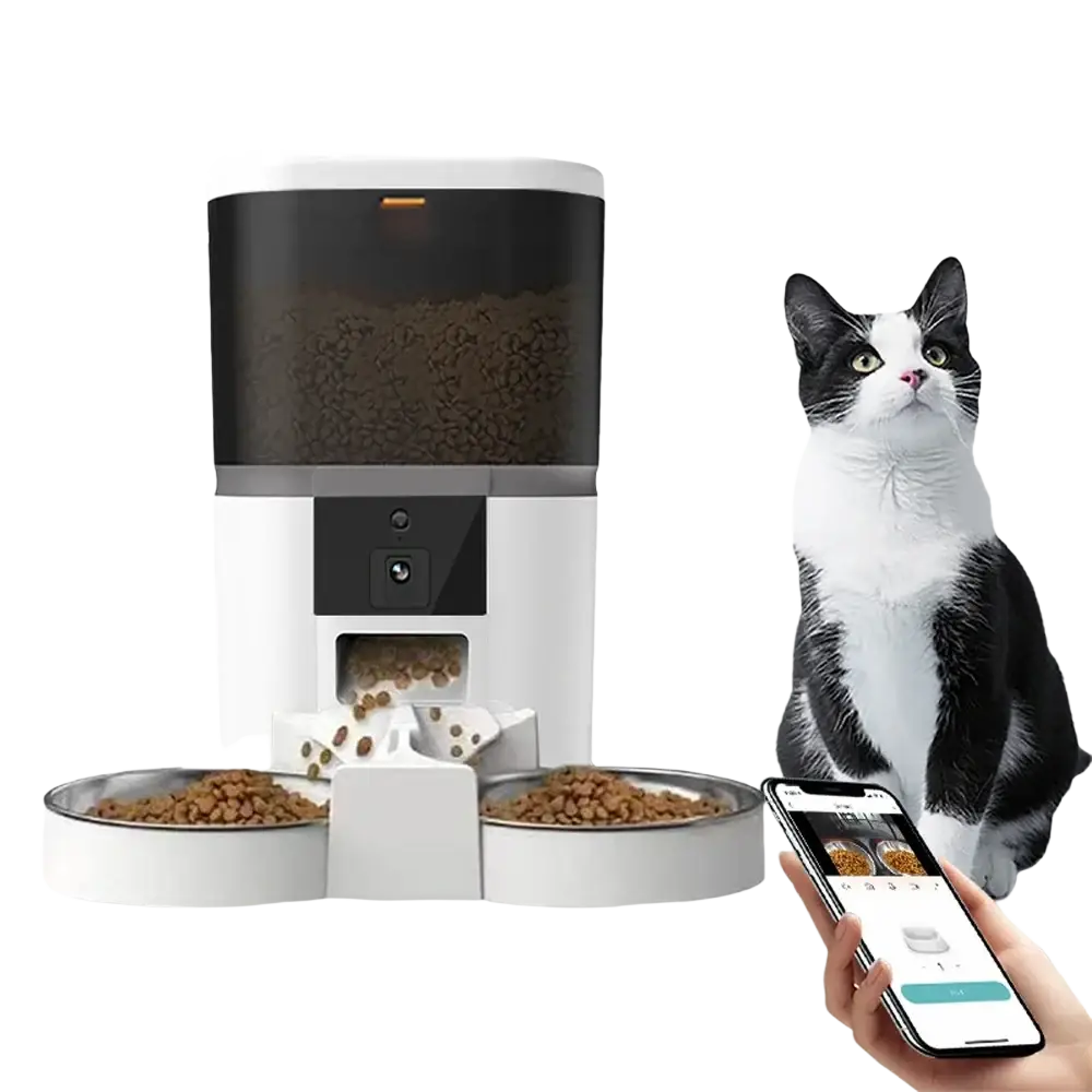 Smart dual pet feeder with hd camera and app control featuring white and black design and dual stainless steel bowls for meal video monitoring
