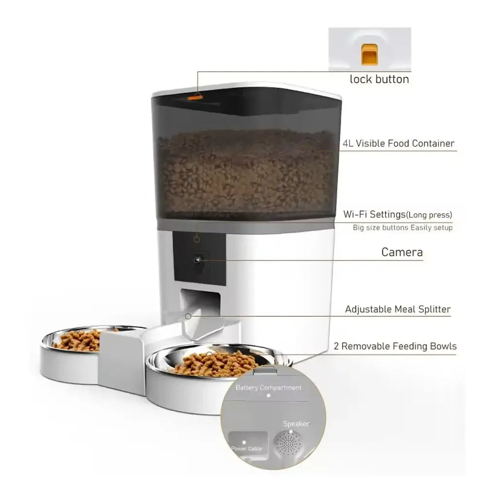 Smart dual pet feeder in white and black with hd camera, app control, 4l container, stainless bowls, and meal video feature