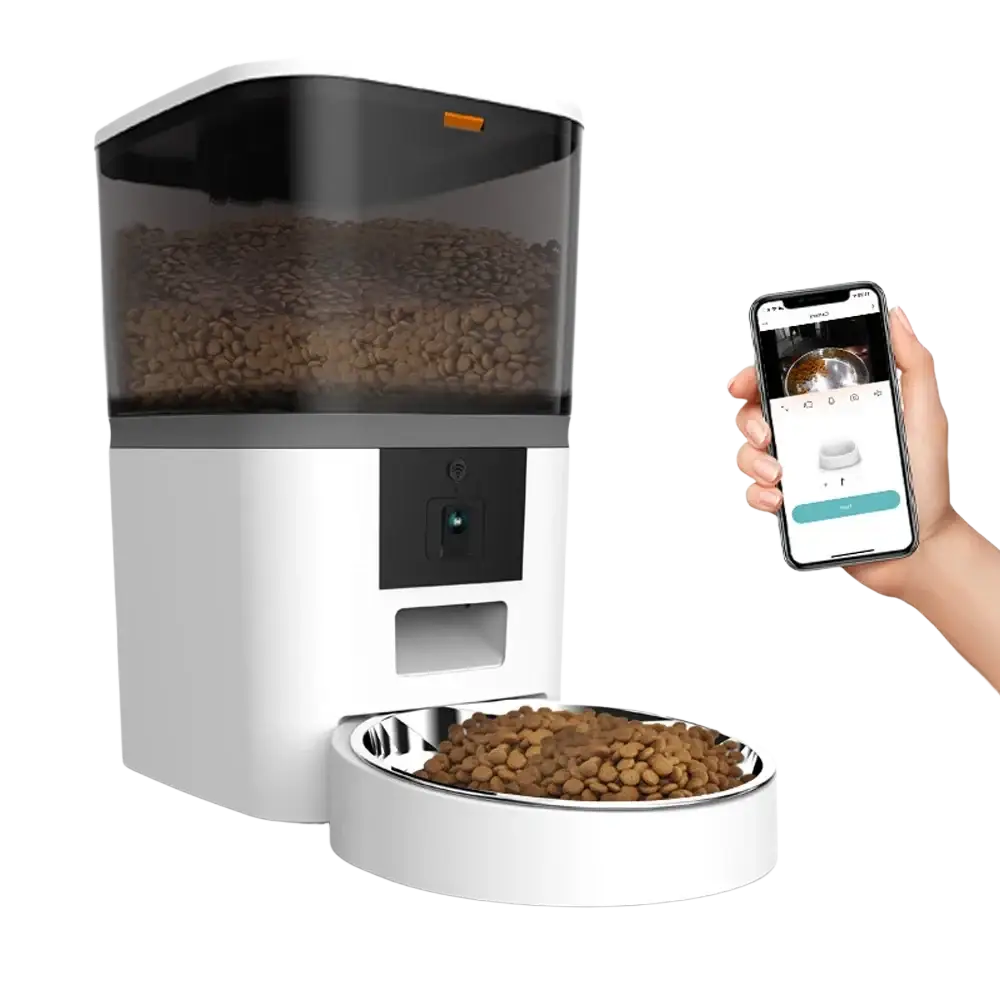 Smart dual pet feeder with hd camera and app control in white and black features transparent kibble compartment for meal video and monitoring