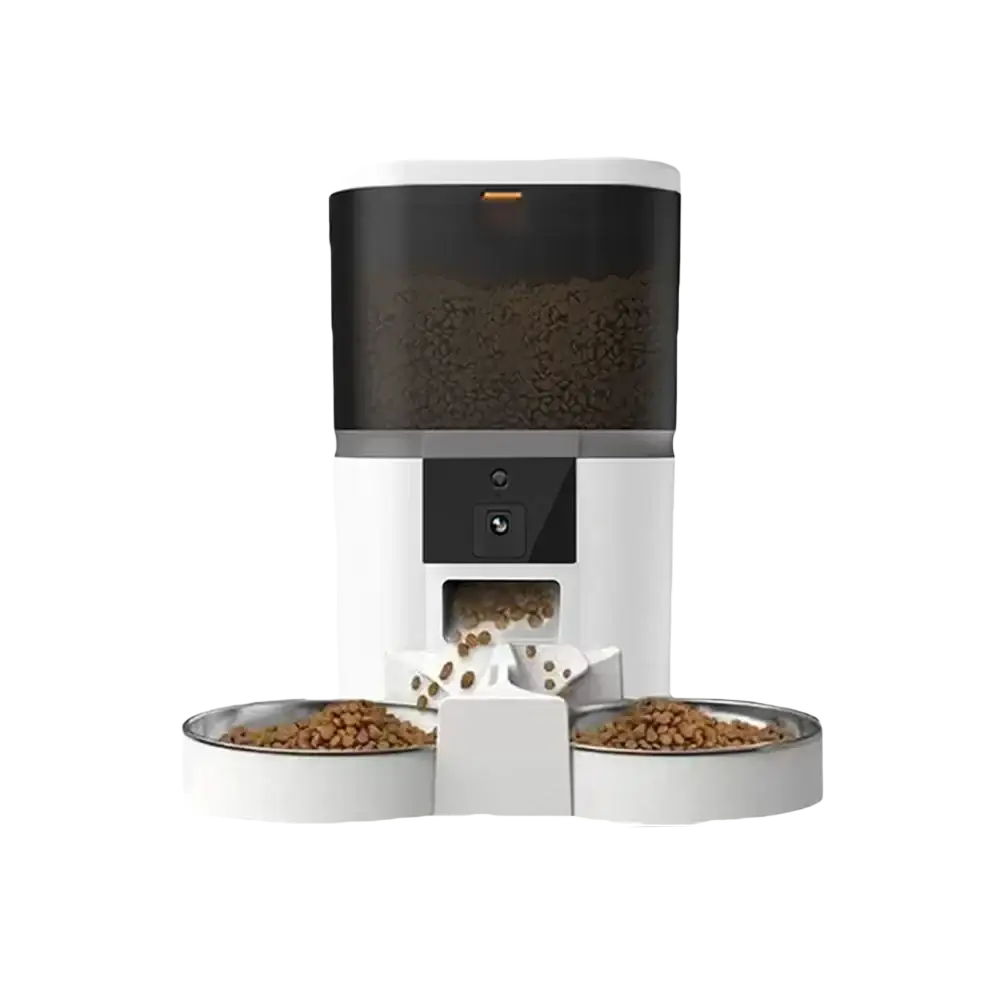 Smart dual pet feeder with hd camera app control white and black automatic feeder with two stainless steel bowls for meal video