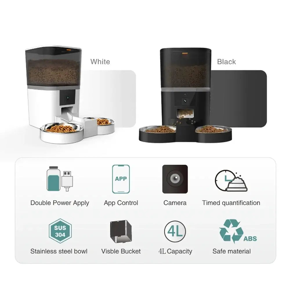 Smart dual pet feeder in white and black with stainless steel bowls 4l capacity app-controlled for timed feeding and meal video