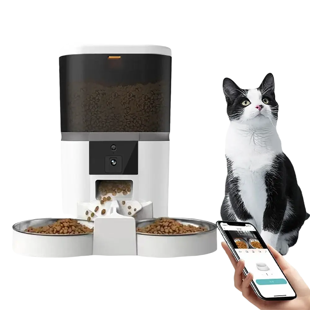 Smart dual pet feeder in white and black with dual bowls transparent reservoir and app control for meal video