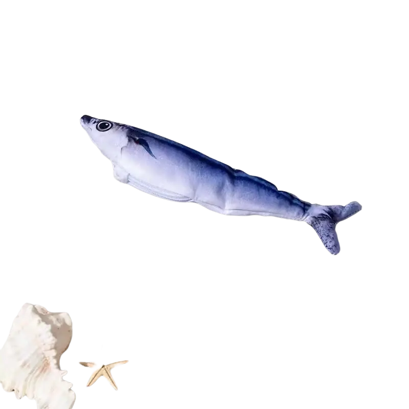 A plush saury-shaped pillow with electric interaction and fun fish design in soft blue and white fabric for smart device play
